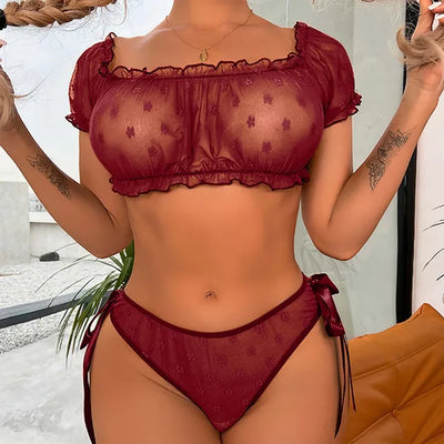 Women Mesh Bralette Sets Seamless Transparent Dots Crop Top and Panty Set Ruffle Lingerie Set Babydoll Chemise Erotic Intimate